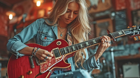A youthful, attractive rock star strumming an electric guitarの素材