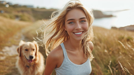 On a sunny day, a content blonde runs alongside the shoreline with her favourite dog.の素材