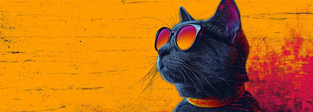 A cool purple cat wearing sunglasses is depicted in a minimalist drawing on an orange backdrop. Idea for a humorous, contemporary, and enjoyable feline designの素材