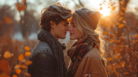 A youthful, loving couple sharing a kiss in a parkの素材
