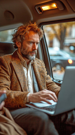 Businessman taking a cab to work and using his laptop and cell phoneの素材
