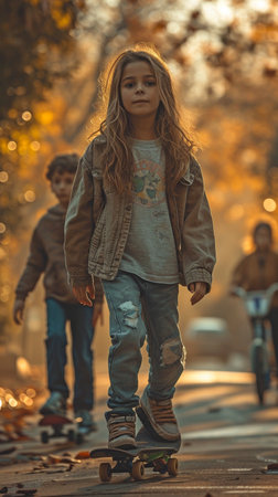 In the skate park, a boy on a skateboard and a girl on rollerbladesの素材