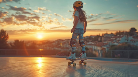 In the skate park, a boy on a skateboard and a girl on rollerbladesの素材