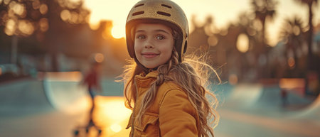 In the skate park, a boy on a skateboard and a girl on rollerbladesの素材