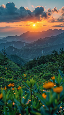 electricity as a natural power. renewable energy idea. solar panel with tower high voltage and turbineの素材