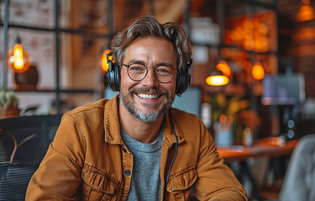 A medium-length film shows a cheerful adult male podcaster sitting with his legs crossed in a studio space, enjoying a light conversation with an unidentified guest.の素材