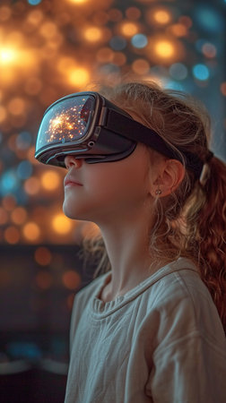 In a science lab, a little girl uses virtual reality to learn about chemical structure.A young girl in a science lab utilising virtual reality to learn about chemical structureの素材
