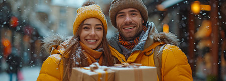 A youthful pair walking down the street with bags and present boxesの素材