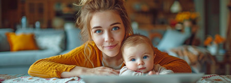 woman with her infant at home while working,の素材