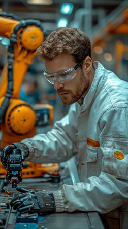 An engineer overseeing an industrial robot arm in an autonomous production processの素材