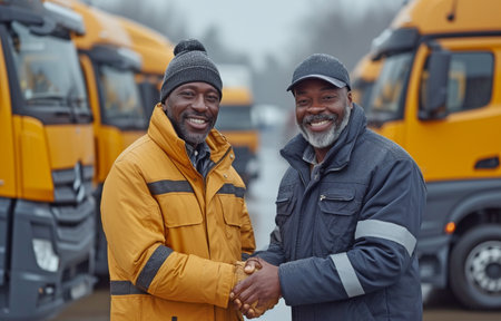 In the truck parking lot, a content black driver and a dispatcher are shaking hands.の素材