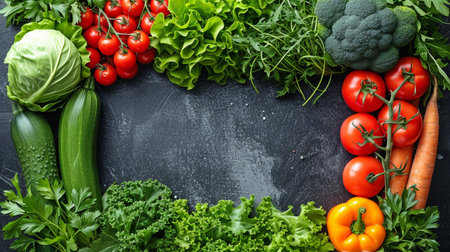 Fresh veggies and greens in a natural vegetarian meal frame with space for textの素材