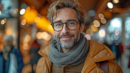 A content man is shopping at a mall with his girlfriend, purchasing clothing.の素材