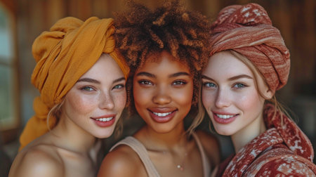Young, attractive Scandinavian, Afro, and Caucasian women standing happy together against a brown backdropの素材