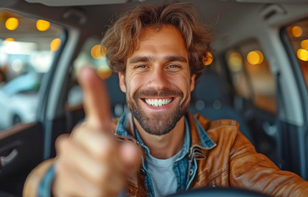 Content customer grinning and pointing at the automobile while seated in the new carの素材