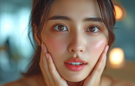 Face expression with teeth sensitivity, Asian young lady caressingの素材