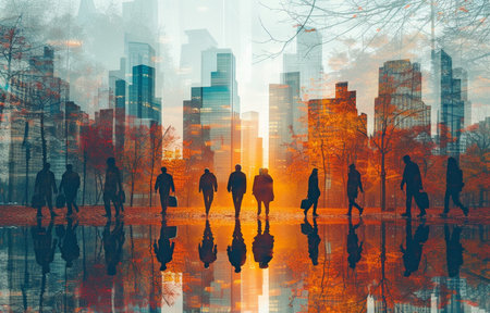 Imaginative city skyline with silhouettes of businesspeople against a soft background. Collaboration, collaboration, and the idea of success. picture with tones. twofold exposureの素材