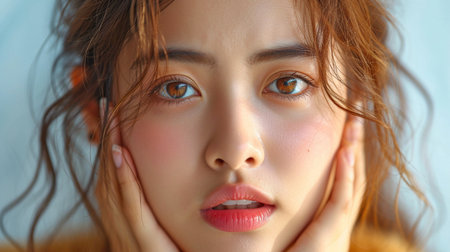Face expression with teeth sensitivity, Asian young lady caressingの素材