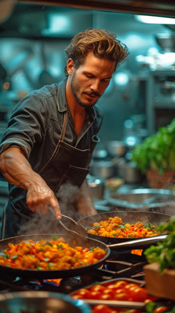 A man cooking in his kitchen and savouring the aroma of his foodの素材