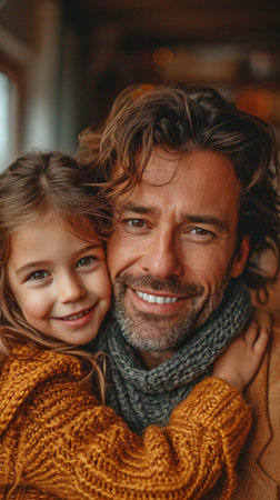 Dad with a sticky paper on his face, looking goofy, while his daughter gives him a back hug.の素材