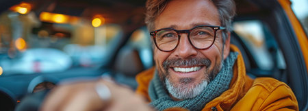 Content customer grinning and pointing at the automobile while seated in the new carの素材