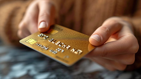 Closeup of a man holding a credit card and pressing buttonsの素材