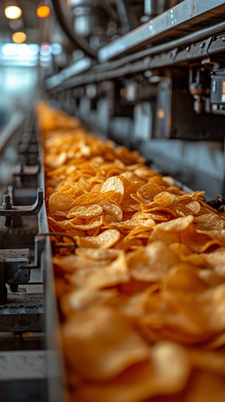 Production line for potato chips in a food processing facility. snack machine filling machines,の素材