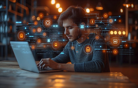 Hacker at work, laptop in hand, creatively utilising a spherical digital padlock interface against a grainy backdrop. Data protection, safety, security, and hacking concepts.の素材