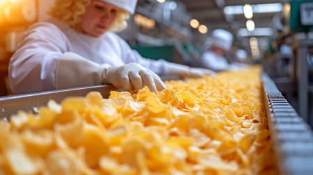 Production line for potato chips in a food processing facility. snack machine filling machines,の素材