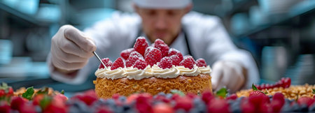 Chefs in a restaurant decorating a cakeの素材