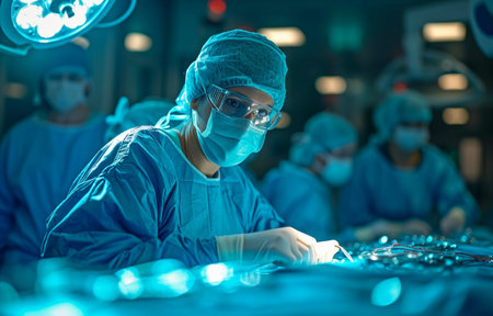 Arm restoration surgery in a clinic. The surgeon joins the radius bones by inserting a metal screw pin.の素材
