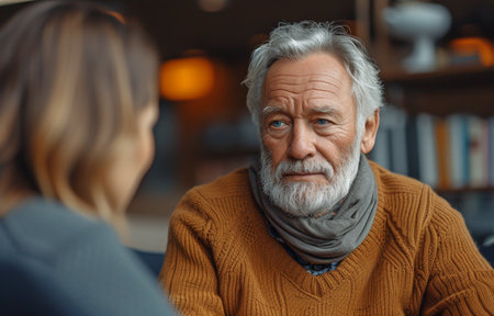 An elderly man and the office psychologist are having a depressed therapy session.の素材