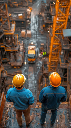 Professional engineer and construction foreman wearing a hard hat and helmet for safety talks about working as a team in the business of architectsの素材