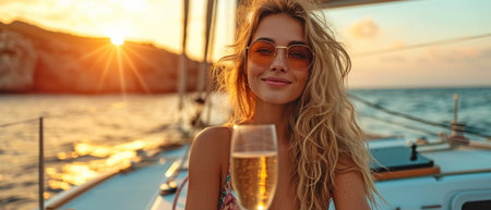 A young lady sip champagne at an outdoor celebration on a yacht. Gorgeous young ladies socialising and having a good time on a catamaran sailing trip to celebrate the holidaysの素材