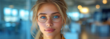 A young lady in an opticians trying on spectaclesの素材