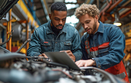 Caucasian Repairman and Black Car Technician Examining the Laptop and Computer's Diagnostic Results. explains to a mechanic how an engine breaks downの素材