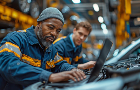 Caucasian Repairman and Black Car Technician Examining the Laptop and Computer's Diagnostic Results. explains to a mechanic how an engine breaks downの素材