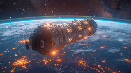 space station in deep space with stars in the background, circling the planet Earthの素材