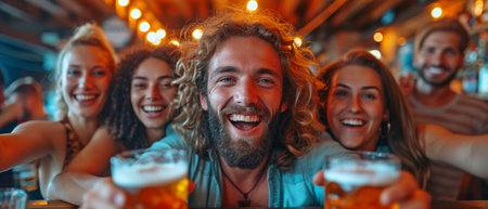 Happy multiracial friends celebrating a goal and supporting their favourite team at the barの素材