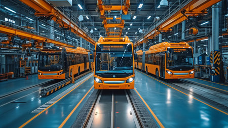vehicle manufacturing facility. Buses on the production lineの素材