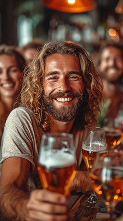 Happy multiracial friends celebrating a goal and supporting their favourite team at the barの素材