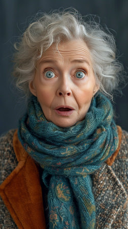 senior woman gasping in horror during a studio portraitの素材