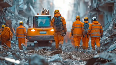 Search parties and an excavator rummaging among the earthquake-damaged structuresの素材
