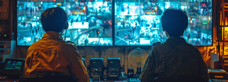 Private investigators watching CCTV footage, looking for illicit activity, talking,の素材