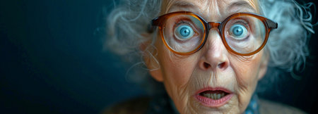 senior woman gasping in horror during a studio portraitの素材