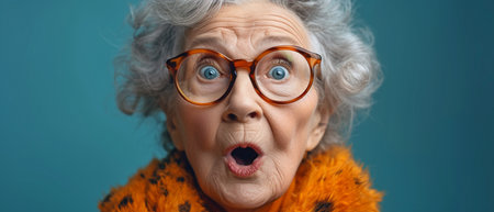 senior woman gasping in horror during a studio portraitの素材