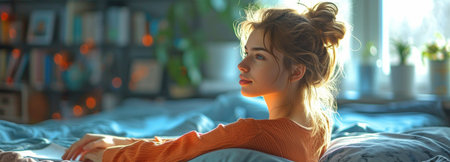 Woman searching for information on how to treat herself while sitting on her bed in her bedroom, close-up side view pictureの素材