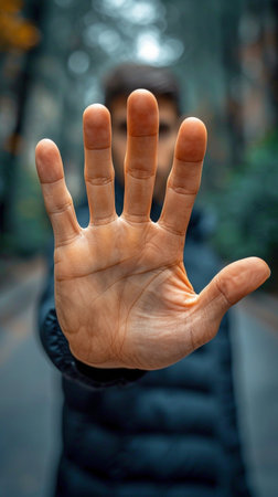 Man-hand stop sign, caution, refuse, warning idea, symbolic communication, and averting further issuesの素材