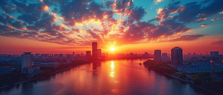 the building site, the tower crane, the mobile crane, the collar crane, and the afternoon sun setting.の素材