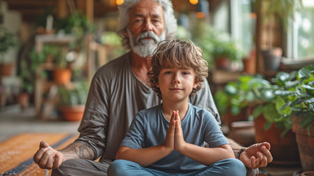 Granddad and his grandson practicing yoga at home.の素材